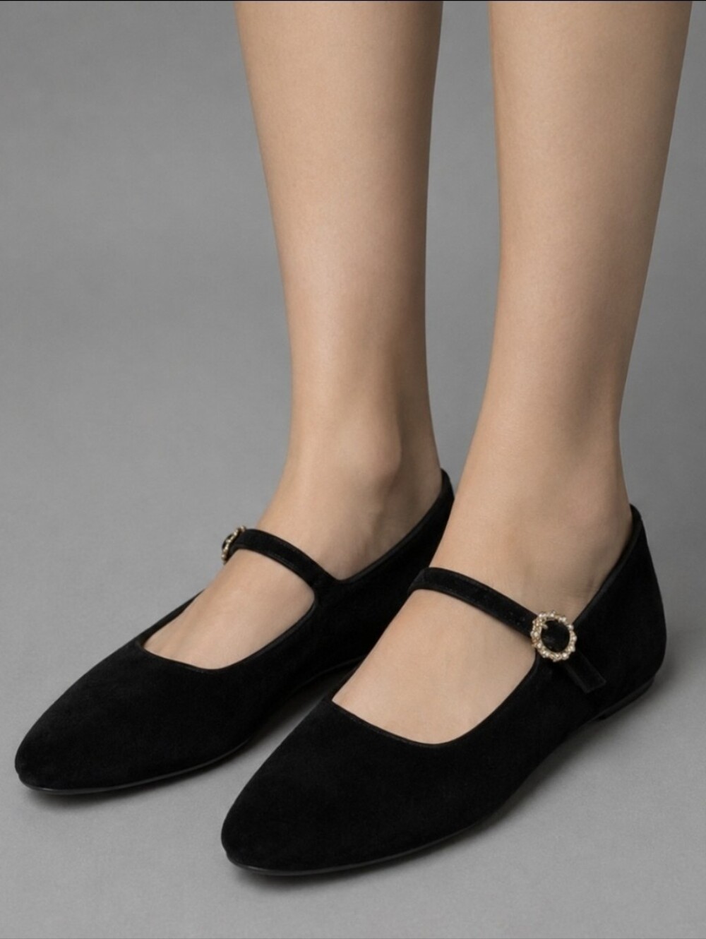 Zara Black Velvet Mary Jane Flats with Decorative Gold-Tone Buckle
